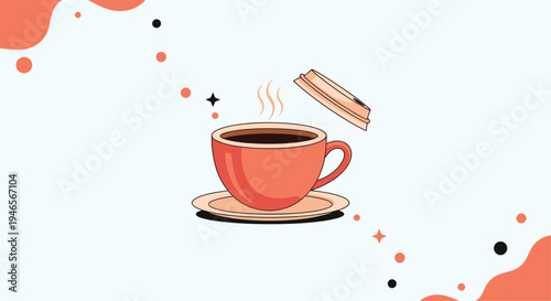 Illustration of a red coffee cup with rising steam and a floating lid is decorated with floating orange and black dots.