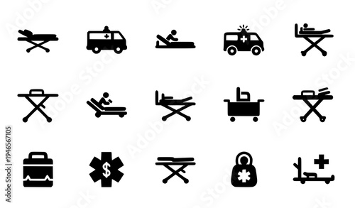 Emergency stretcher and medical transport icons black silhouette vector collection isolated on white