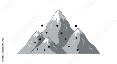 Snowy mountain range with multiple grey peaks is presented in a minimalist style with scattered black floating circles.