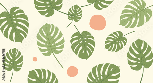 Tropical pattern showcases green monstera deliciosa leaves scattered across a cream background with soft pink circles.
