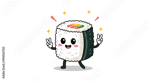Cheerful cartoon sushi character with big eyes and a friendly smile makes peace signs with both hands on white ground.