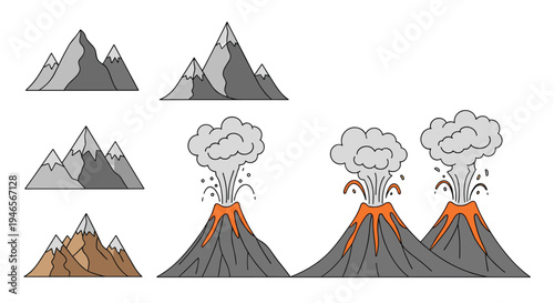 Diverse collection of mountain and volcano icons shows various volcanic stages including eruptions with lava and smoke.