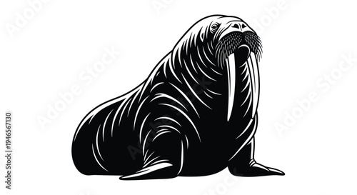 Bold black and white graphic illustration of a large walrus features high contrast shadows and long prominent tusks.