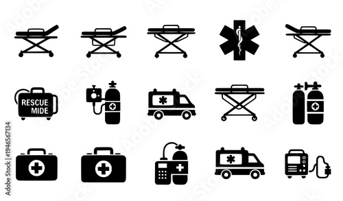 Medical stretcher emergency hospital transport icon set black vector symbols isolated on white