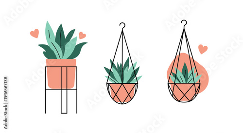 Three stylized potted house plants including two hanging varieties are illustrated with cute pink pots and green leaves.