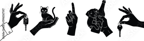 Hand gesture silhouettes holding keys, cat, dog and bottle, symbolic icons of possession, choice, responsibility, and everyday life concepts