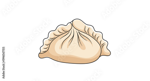 Hand drawn illustration of a single savory dumpling with crimped edges is isolated on a clean white background.
