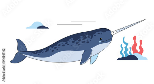 Friendly blue narwhal with a long spiraled tusk swims gracefully through the ocean near colorful coral and bubbles.