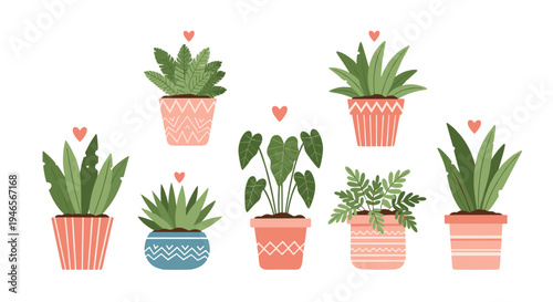 Various indoor house plants in decorative pink and blue pots are arranged with small hearts floating above them.