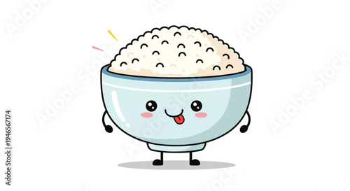 Adorable cartoon rice bowl character with a happy face and tongue out stands confidently on a white background.