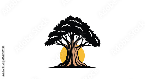 Silhouette of a large spreading tree with detailed branches is set against a bright yellow circular sun icon on white ground.