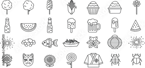 Japanese Summer Festival Line Icon Set Vector Collection with Food, Lanterns, Fireworks, Yukata, Mask and Traditional Symbols