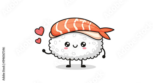Adorable cartoon sushi character with a blushing face and pink hearts is depicted in a cute kawaii style on a plain background.