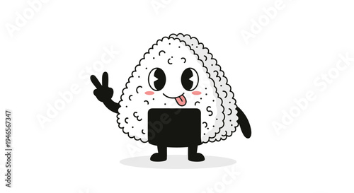 Cute cartoon onigiri rice ball character with a happy face and peace sign is illustrated in a playful Japanese food art style.