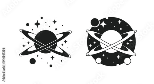 Two versions of a ringed planet with stars are displayed in a minimal graphic style including solid black and outline variations.