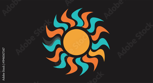 Stylized sun graphic with swirling orange and teal rays is centered on a dark background for a modern and energetic visual design.