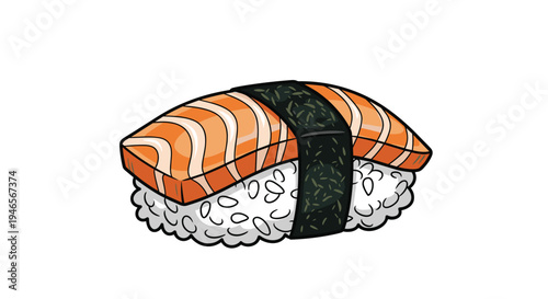 Traditional Japanese salmon nigiri sushi with a slice of fresh fish and seaweed wrap is depicted in a detailed vector illustration.