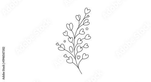 Branch with small heart shaped leaves is depicted in a minimalist black and white line art style for romantic or nature themes.