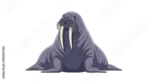 Large walrus with prominent tusks and wrinkled skin is presented as a detailed vector illustration on a clean white background.