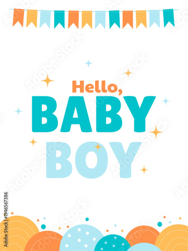 Bright poster for a little boy's birthday with garlands and stars