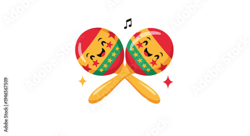 Pair of cheerful cartoon maracas with smiling faces and colorful patterns is shown as a playful musical illustration for children.