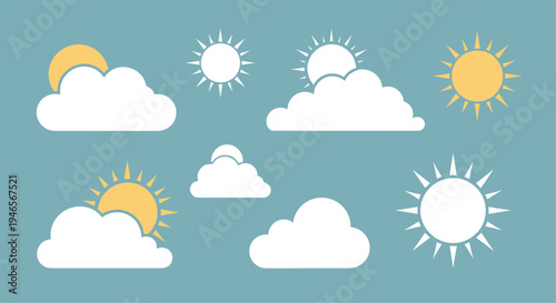 Diverse set of weather icons showing sun and cloud combinations in white and yellow is displayed on a soft teal blue background.