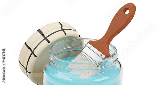 Paint Brush Dipped in Cyan Paint in a Glass Jar