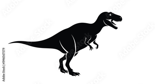 Bold black silhouette of a Tyrannosaurus Rex dinosaur walking forward conveys a sense of prehistoric power and ancient natural history.