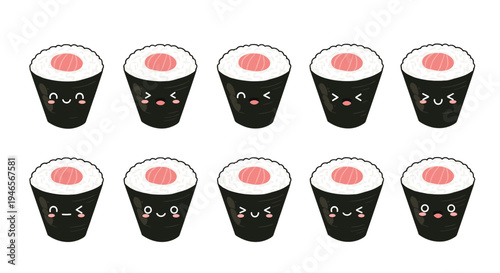 Creative set of ten hand-drawn sushi roll characters showing a variety of cute and funny facial expressions for food-themed illustrations.
