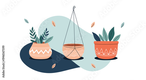 Trio of stylized indoor house plants in decorative ceramic pots arranged on a soft blue and dark blue background for a modern aesthetic.