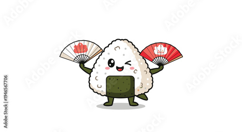 Adorable onigiri rice ball character holding two Japanese folding fans with a playful wink and a joyful smiling face for food branding.