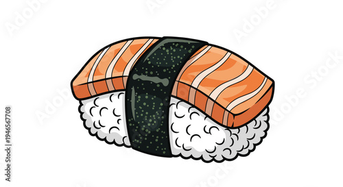 High-quality illustration of a fresh salmon nigiri sushi piece with a strip of dark green seaweed or nori for a realistic menu graphic.