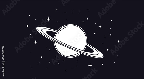 Minimalist white line art illustration of planet Saturn with its rings suspended in a starry night sky for a clean astronomical design.