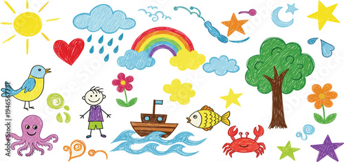 Kids Doodle Drawing Set with Rainbow, Sun, Animals, Tree, Sea Elements and Cute Child Sketches for Children Education and Creative Design