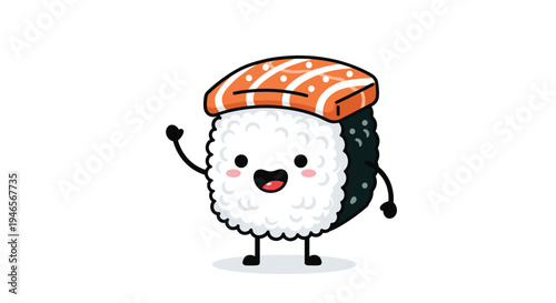 Smiling sushi roll character with a salmon topping and a friendly face waving one arm in a cute and colorful mascot-style illustration.