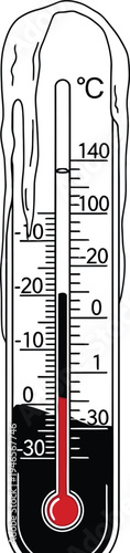 Celsius thermometer with red mercury column and ice formation on top