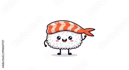Happy sushi roll character featuring a striped shrimp topping and cute facial expression waving its hand with a friendly and joy-filled smile.