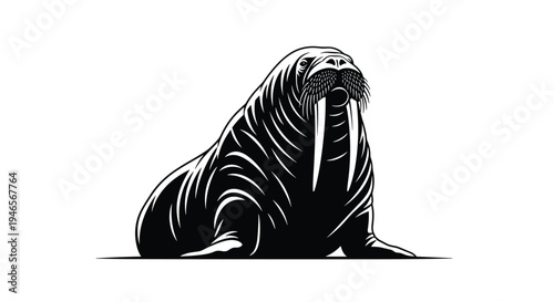 Detailed black and white realistic illustration of a walrus with large tusks resting on the ground in a bold high-contrast graphic style.
