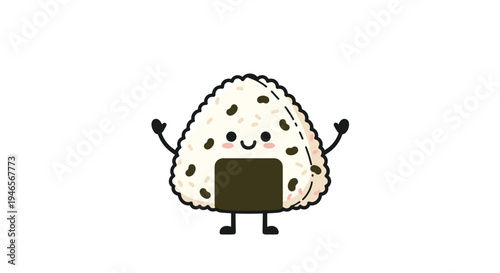 Cute onigiri rice ball character with small black sesame seeds and a happy smiling face raising its arms in a celebratory and joyful pose.