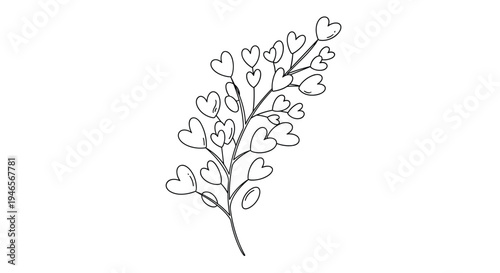 Elegant black line art of a delicate tree branch adorned with small heart-shaped leaves or blossoms for a romantic and artistic design.