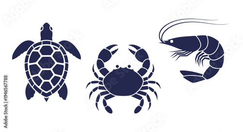 Silhouettes of a sea turtle, a crab, and a shrimp shown as dark blue icons on a clean white background for marine life themed projects.