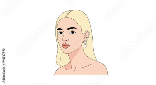 Minimalist fashion portrait of a blonde woman with long hair wearing elegant round drop earrings shown in a clean line art vector style.