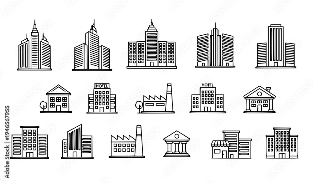 Fototapeta premium Modern building outline icons thin line architecture vector symbols for web and mobile UI