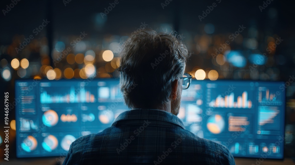 Fototapeta premium Studying data on glowing screens, the analyst works with deep focus, while blurred charts and office elements highlight concentration, precision, and insight-driven decisions. 