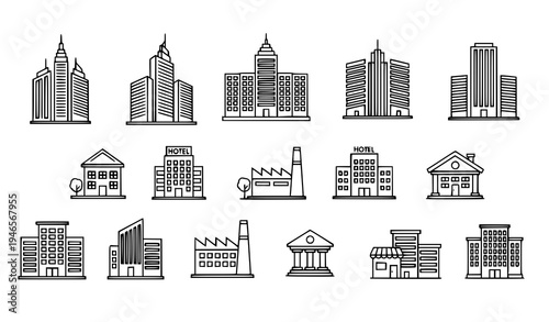 Modern building outline icons thin line architecture vector symbols for web and mobile UI