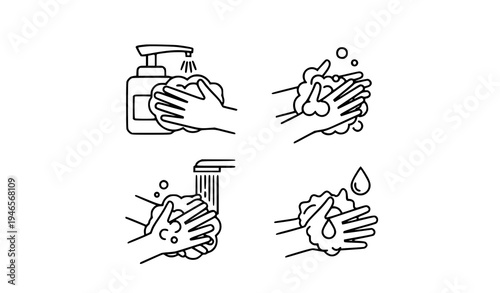 Hand hygiene line icons set washing hands method thin outline vector illustration