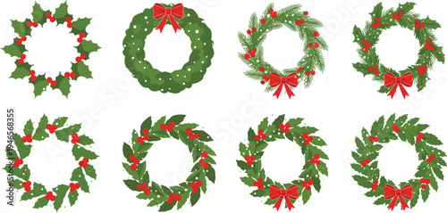 Christmas wreath illustration set, festive holly leaves, pine branches, red bows, seasonal decoration icons, holiday clipart, winter design elements
