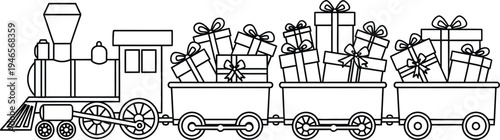 Vintage train carrying wrapped presents in its cargo cars for a festive occasion slowly