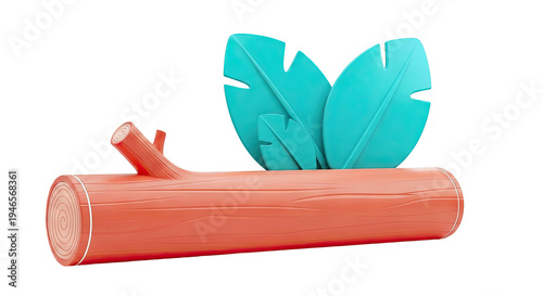 Stylized Log with Teal Leaves