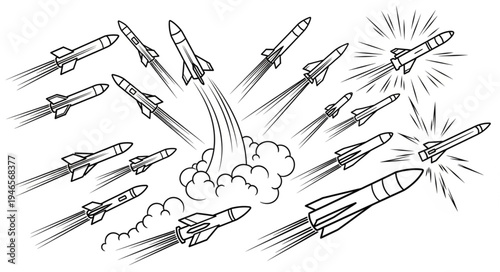 Multiple rockets launching into the sky with smoke trails.